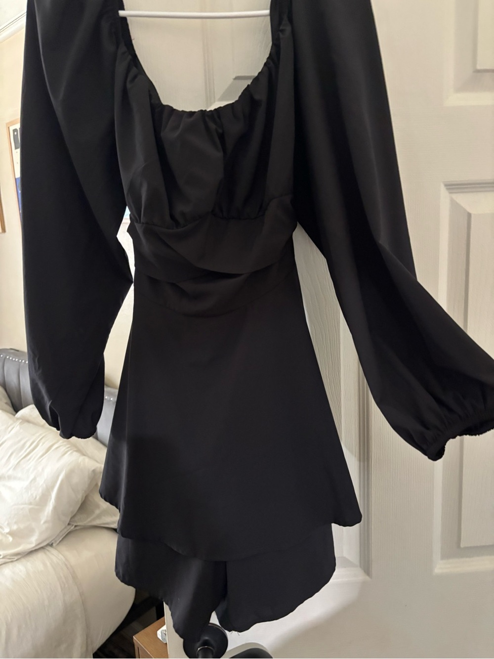 Black Long-Sleeve Mini Dress,  Long Back, Cinched Waist with a tie and shorts